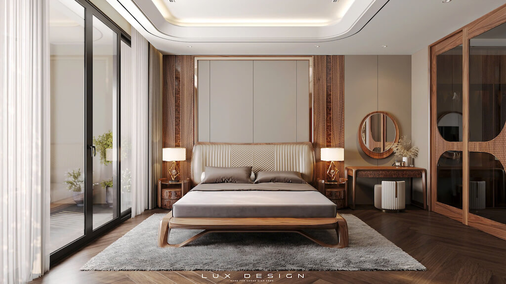 giường ngủ gỗ óc chó bọc da