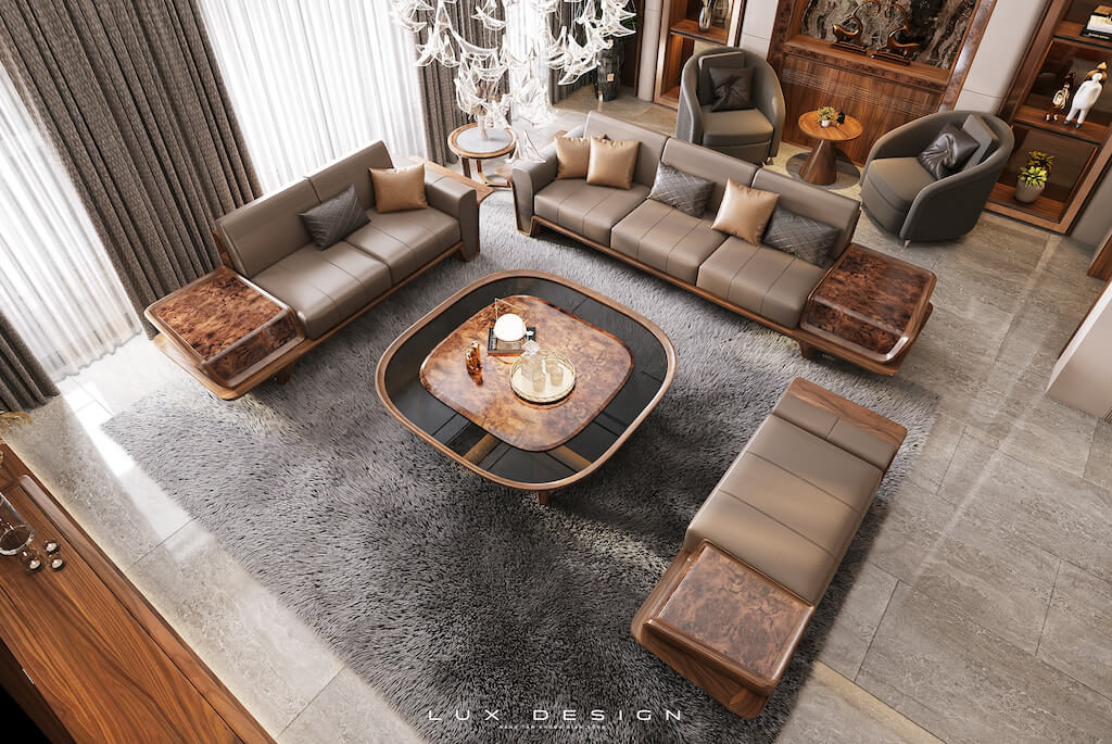 sofa gỗ óc chó tân cổ điển