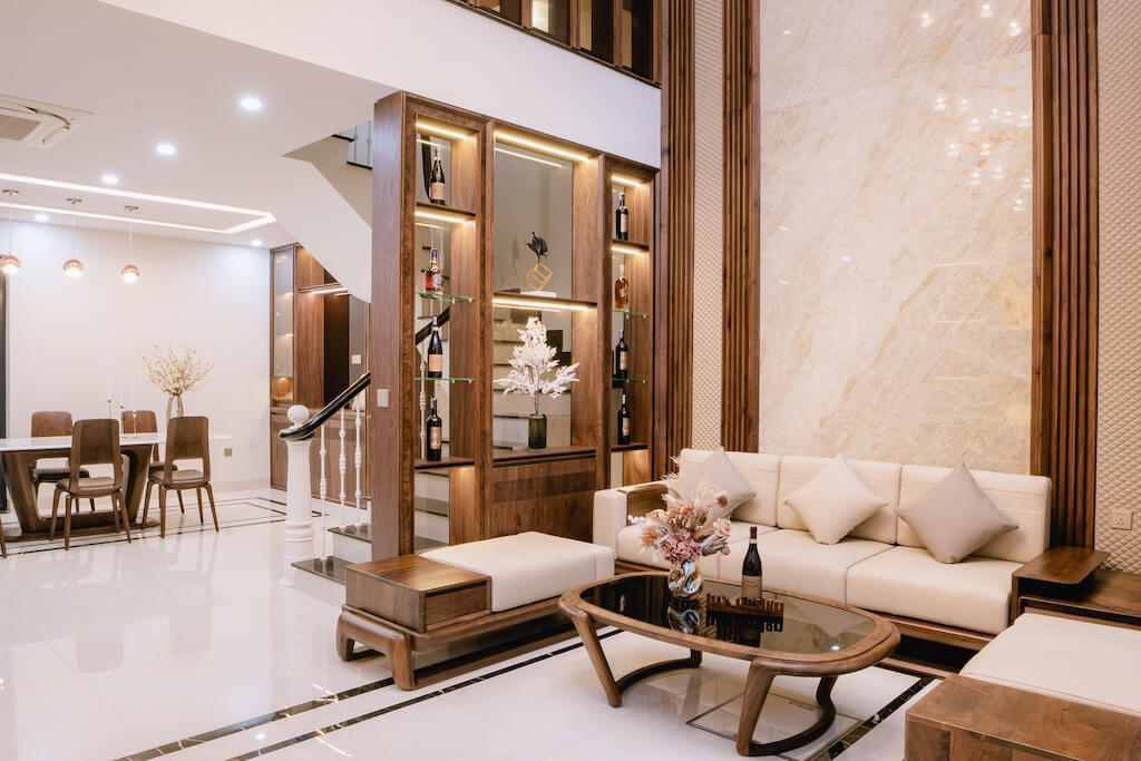 thiết kế sofa chữ l gỗ óc chó