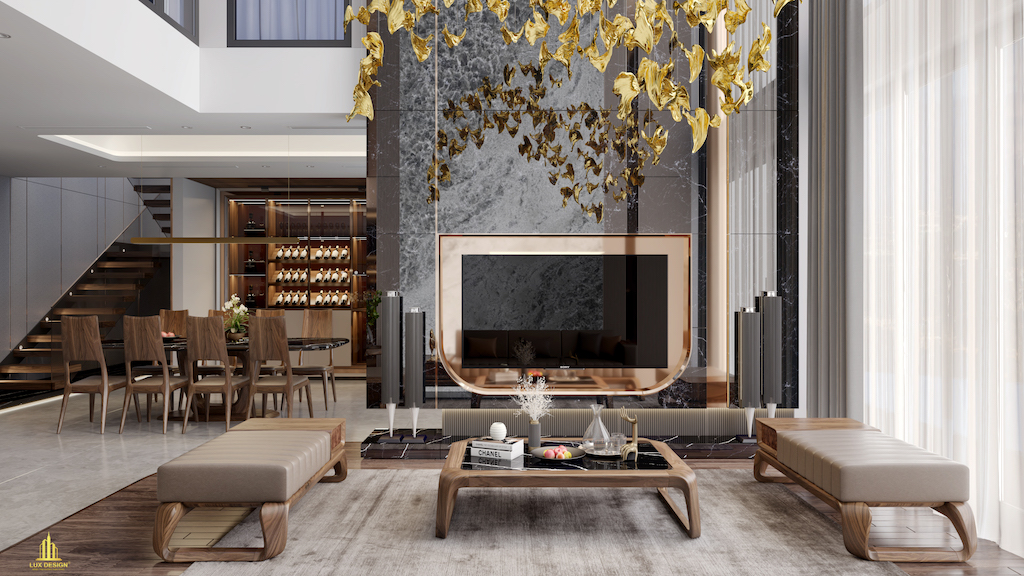 nội thất chung cư duplex gỗ óc chó