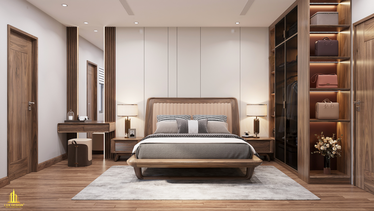 nội thất phòng ngủ nhà phố gỗ óc chó