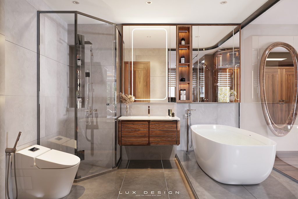 phòng tắm gỗ óc chó