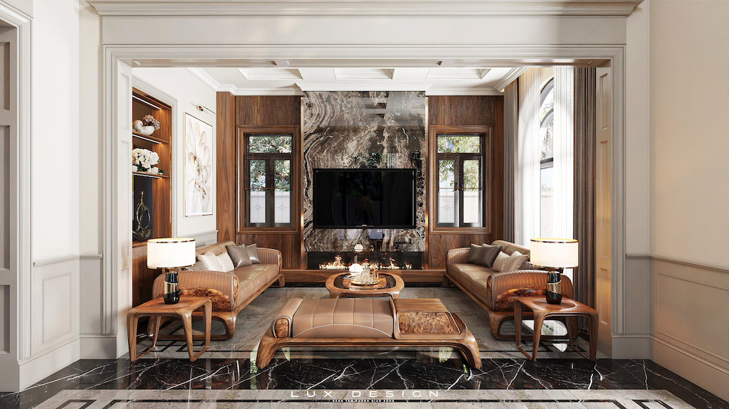 sofa chữ U gỗ óc chó