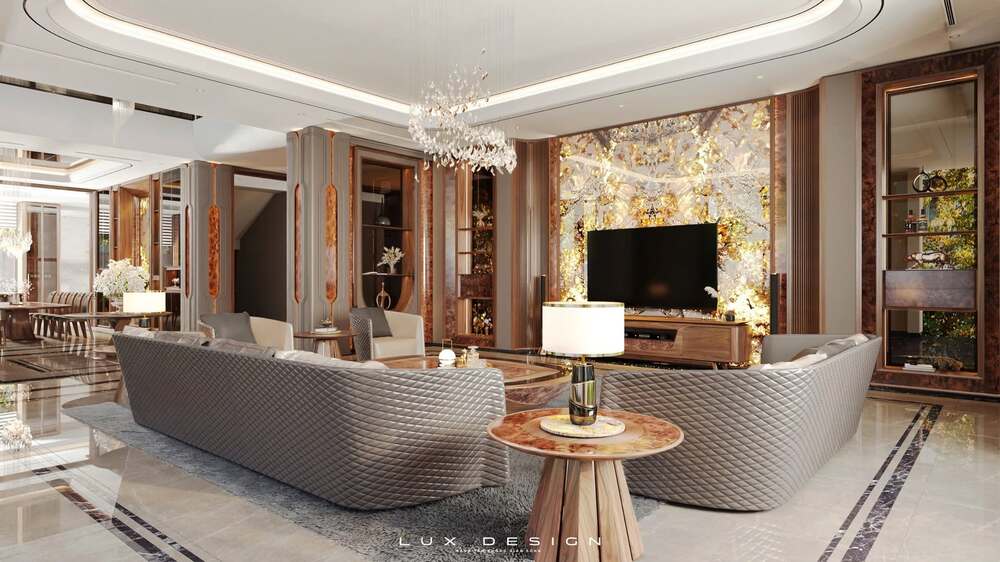 Không gian nội thất phòng khách đặt bàn trà gỗ óc chó cao cấp