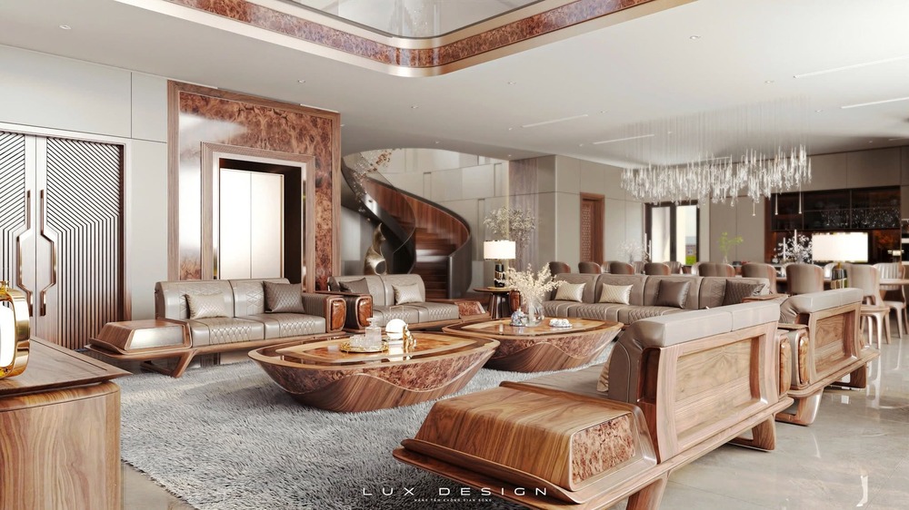 Đối với nhà phố, thiết kế nên chú trọng sự thông thoáng. Sofa gỗ óc chó có đường nét gọn, bàn trà thanh thoát và hệ kệ tivi thấp giúp hạn chế cảm giác nặng nề. Những mảng gỗ lớn chỉ nên xuất hiện tại các vị trí thực sự cần tạo điểm nhấn